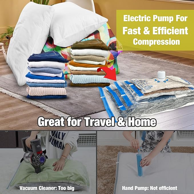 HIBAG Vacuum Storage Bags with Electric Pump, Vacuum Seal Space Saver Bags for Clothes, Clothing, Pillows, Blanket Bedding Comforters, Large 10 pack