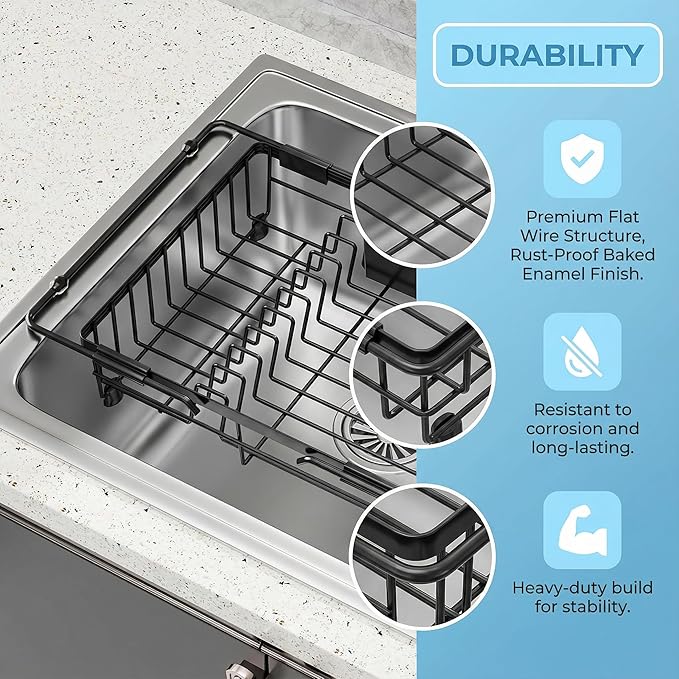 Expandable in Sink Dish Drying Rack - Adjustable Capacity Over The Sink Dish Drainer Drying Rack with Utensil Holder for Kitchen Counter, Drying Rack for Small Space,14.37“-21.06”L x 11.81“W x 3.74”D