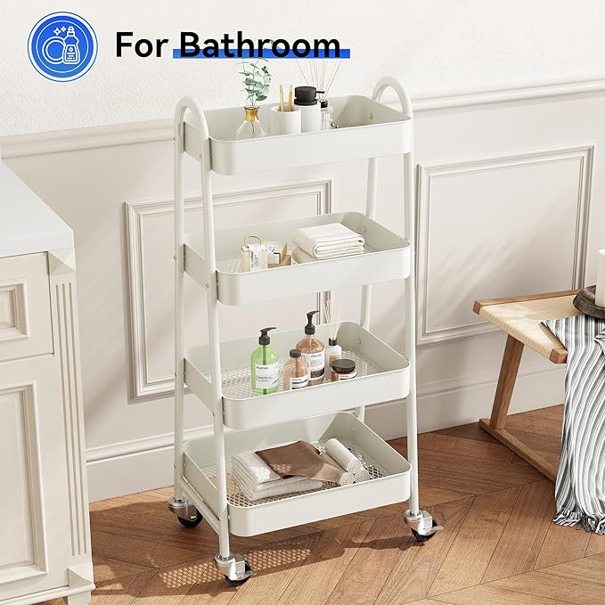 OLIXIS 4 Tier Utility Rolling Cart, Metal Mobile Storage Shelf with Lockable Caster Wheels, Organization for Livingroom, Bathroom & Narrow Places, 4-Tier White