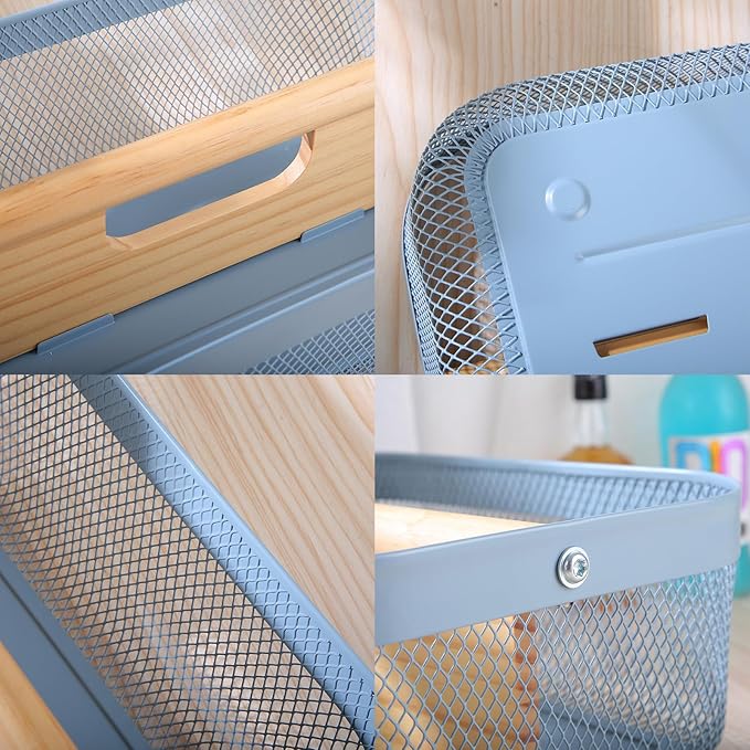 Metal Mesh Steel Storage Basket, Garden Harvest Wire Organizer Basket Multi-functional Kitchen Fruit Basket with Wooden Removable Partition & Handle for Bathroom Picnic Decor Cabinet, Blue