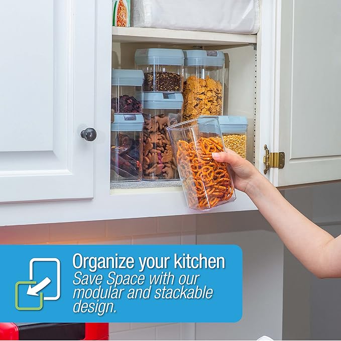 Set of 7 Airtight Food Storage Containers - Pantry Organizer Bins, BPA Free Plastic Containers plus Dry Erase Marker and Labels, Blue