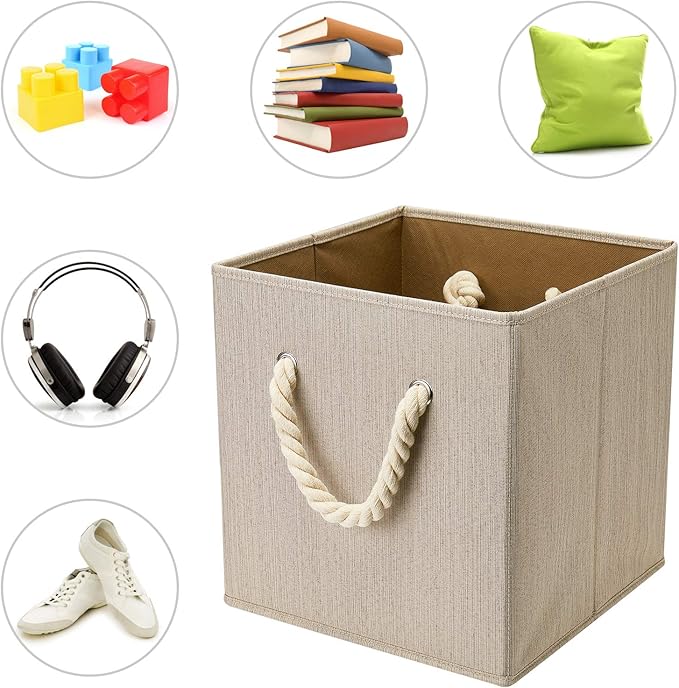 i BKGOO Foldable Storage Cube Bins Dark Grey Bamboo Fabric Collapsible Resistant Basket Box Organizer with Cotton Rope Handle for Home Office and Nursery 10.5x10.5x11 inch