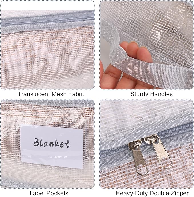 Fixwal 4pcs 90L Under Bed Storage Containers Bins Clear Closet Underbed Organizers and Storage for Blanket, Clothing, Sweaters, Pillows, Linen Sheets with Sturdy Handle and Zippers