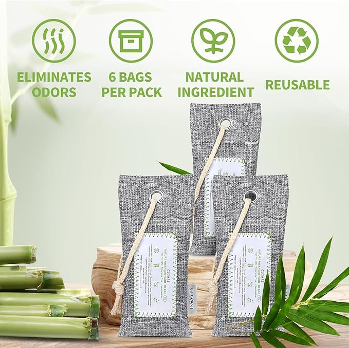 CLEVAST Activated Bamboo Charcoal Odor Absorber - 6 x 60g Air Purifying Bags Natural Fresh, Deodorizer and Moisture Eliminator for Home, Closet, Shoes, Car Air freshener Grey