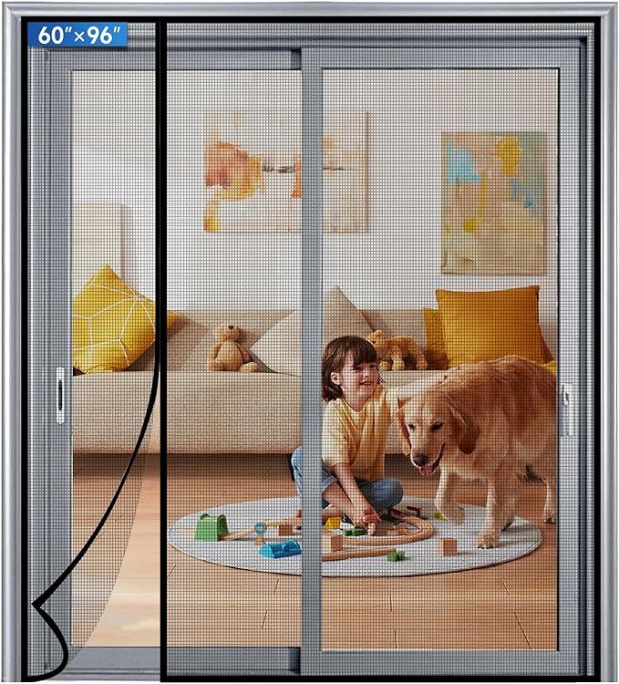 Magnetic Screen Door Left Right Side Opening Upgraded PET Mesh Greater Than Fiberglass and Polyester,Keep Bugs Out,Pet & Kid Friendly,Suitable for Sliding Doors,Patio French Doors-60" X 96"