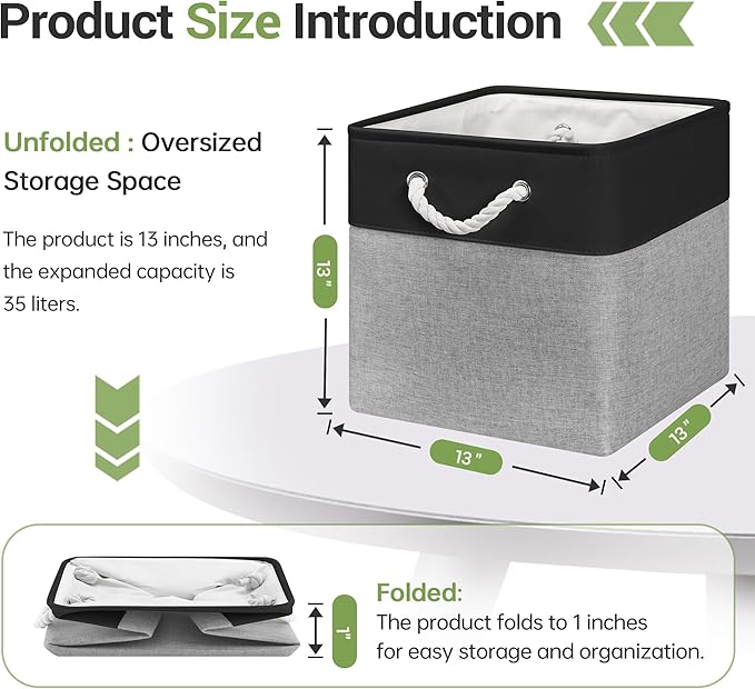 13x13 Inch Cube Storage Bins with Reinforced Bottom Cardboard, 6 Pack Large Foldable Fabric Storage Cubes with Handles for Shelf, Closet, Laundry Organization (Black&Gray)