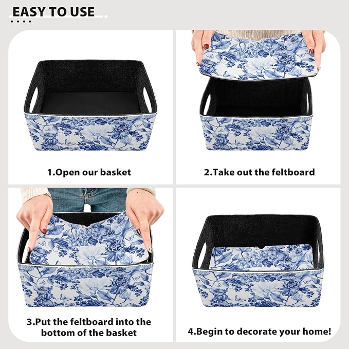 Closet Storage Bins 2 Pack Felt Open Home Containers Organizer with Handles Collapsible Shelf Basket for Office Craft Room Classroom Fabric Basket Storage Blue and White Flower Butterfly