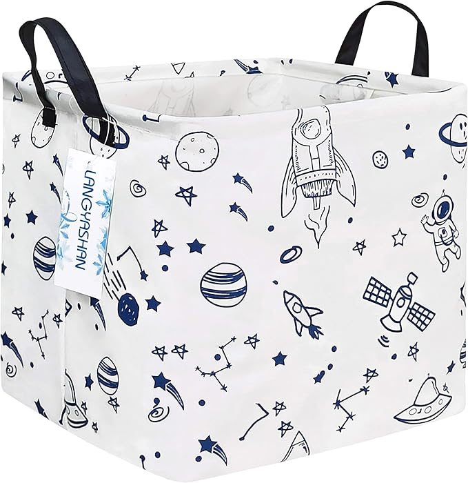 LANGYASHAN Square Storage Baskets Waterproof Canvas Children Laundry Nursery Hamper for Shelves Gift Baskets Toy Organizer Room Decor (Square spaceship)