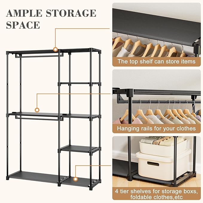 Portable Closet, Freestanding Wardrobe Closet Organizers and Storage,Open Clothing Racks for Hanging Clothes with 4 Shelves and 2 Hanging Rods，47.8x15.8x63.4 Inches