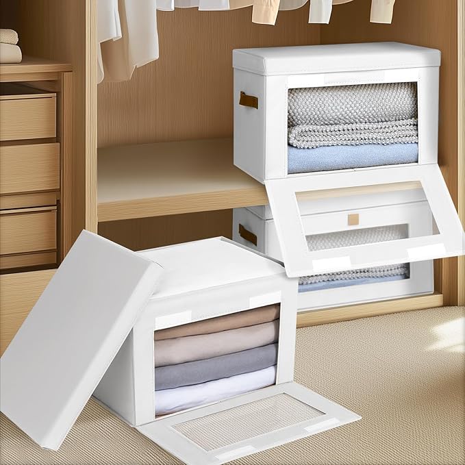 Large Clothing Storage Bins - Collapsible Boxes with Handles & Window, Decorative Organizer Bins with Lids, Fabric Containers for Living Room, Dorm, 6 Pack, White