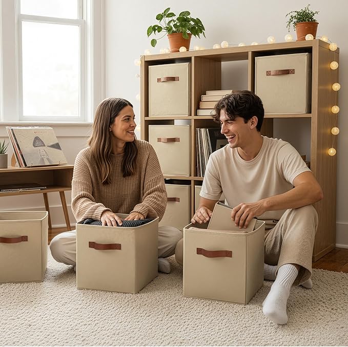 GRANNY SAYS Cube Storage Bins, 11 Inch Cube Storage Organizer with PU Handle, Fabric Storage Bins, Storage Cubes for Shelves, Closet, Khaki, 6-Pack
