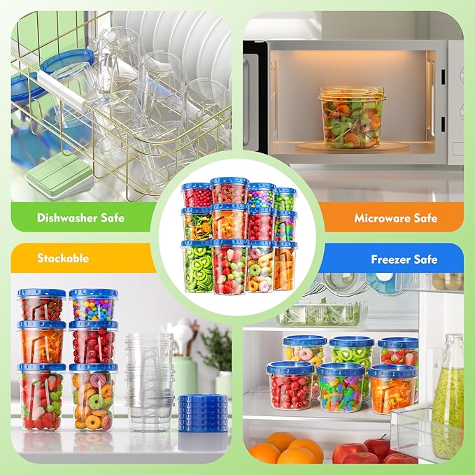 12 Pack- 34/24/17oz Freezer Storage Containers, Plastic Food Storage Containers with Twist Top Lids, BPA Free and Reusable Soup Containers with Lids, Leakproof/Microwave/Dishwasher Safe