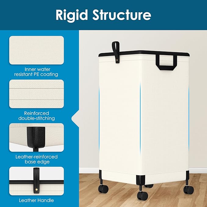 Laundry Basket with Wheels 105L, Large Rolling Laundry Hamper with Removable Bag, Metal Frame Collapsible Dirty Clothes Bin, Cloth Organizer Hampers Pull Handle for Bathroom, Dorm, Bedroom White