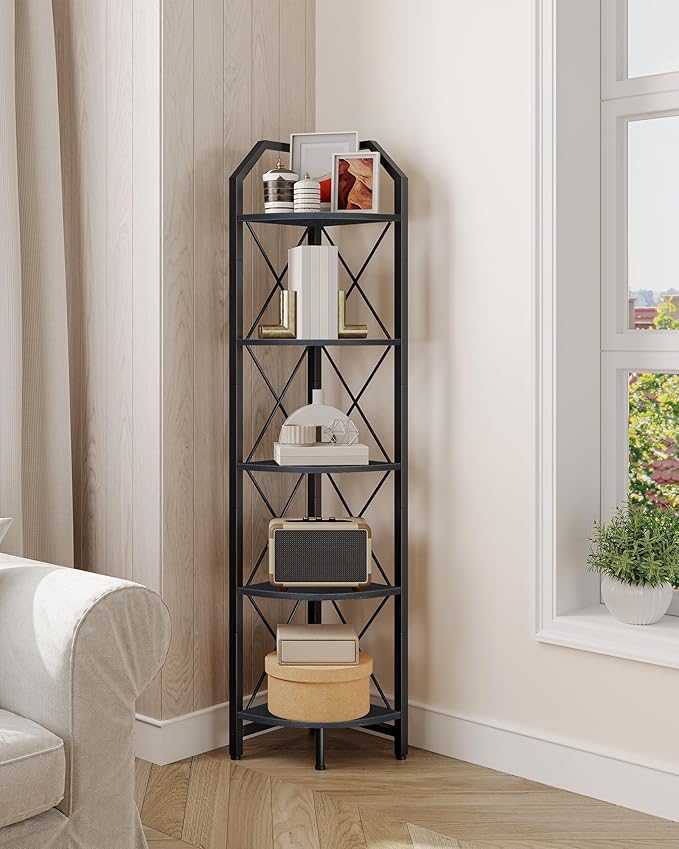 5-Tier Corner Shelf, Industrial Corner Bookshelf, 59.4" Corner Storage Stand, Plant Stand Display Shelf, Corner Bookcase for Bedroom, Living Room, Home Office, Black TCJ10BB