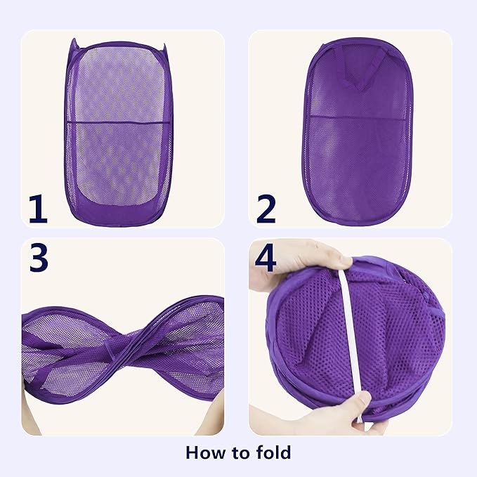 LXLOVESM Pop Up Laundry Hamper, Mesh Laundry Basket Collapsible, Foldable Hamper for Travel and Storage (Purple)