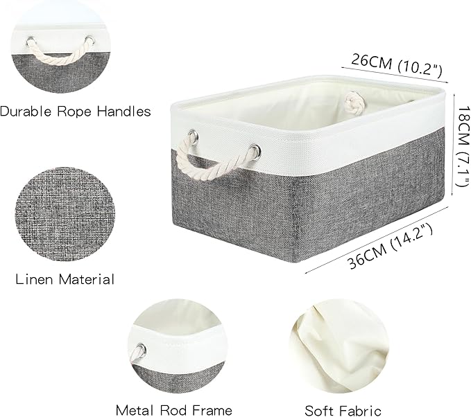 Storage Bins with Sturdy Cotton Handles(1 Pack), Fabric Storage Baskets for Organizing use for Office & Home, Book, Clothes, Toys, Closet Boxes (Medium, Grey-White, 14.2x10.2x7.1 inches)