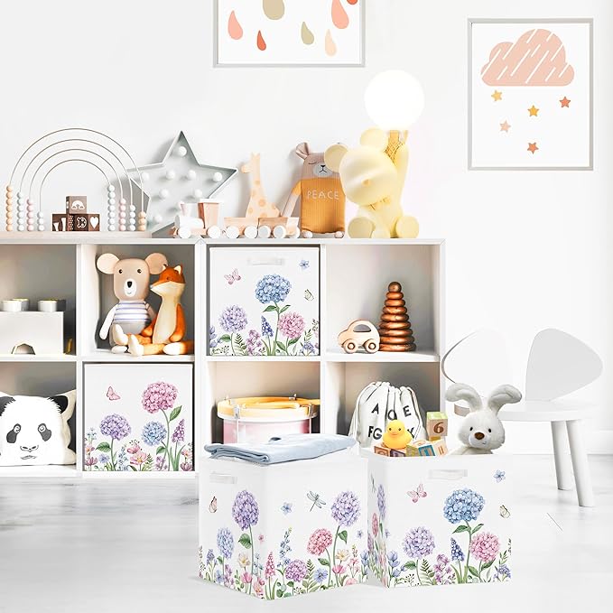 Clastyle Flowers Storage Cube Organizer Set Handle Closet Clothes Cube with Metal Frame Foldable Parents Organizer Storage Basket for Book Toy,Purple Hydrangea,11.8x11.8x11.8 in