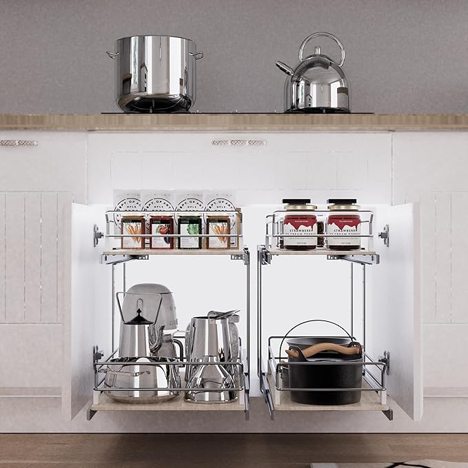 2 Tier Pull Out Cabinet Organizer 18" W X 22" D, Slide Out Drawers For Kitchen Cabinets, Pull Out Drawers For Cabinets Capacity Heavy Duty Caddy, Cabinet Pullout Shelves Wood Chrome, Pantry Storage