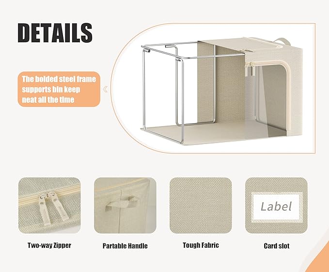 3 Openings Clothes Storage Bins with Metal Frame, Foldable Storage Bin for Clothes, Clothing Storage Bins with Lid, Linen Storage Box With Clear Window＆ Zippers＆ Durable Handles.(3 Pcs,Beige,40L)