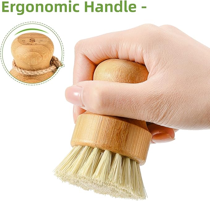 SUBEKYU Bamboo Dish Scrub Brushes, Kitchen Wooden Cleaning Scrubbers Set for Washing Cast Iron Pan/Pot, Natural Sisal Bristles, Set of 2