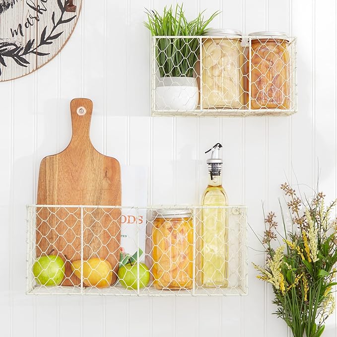 DII Chicken Wire Collection Farmhouse Vintage Wall Baskets, Medium Basket, White