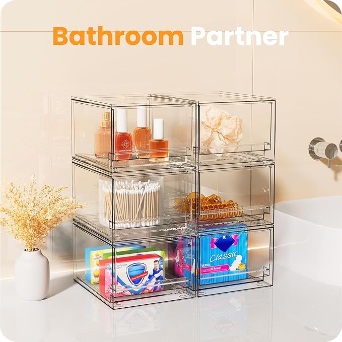 A-LuGei 【𝟰𝗣𝗖𝗦】 Acrylic Stackable Storage Drawers, 7.5" L Makeup Organizer, Bathroom Organizer and Storage, Plastic Storage Bins for Kitchen Cabinet Pantry Medicine Fridge