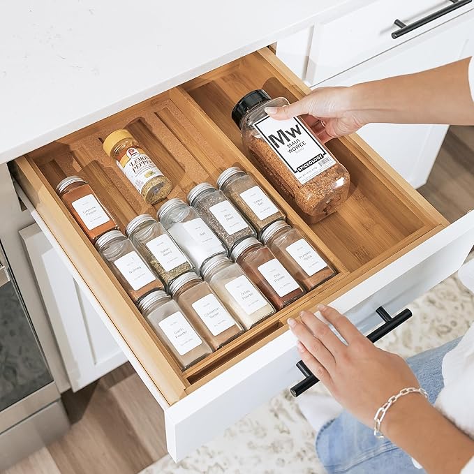 KitchenEdge Spice Drawer Organizer with Expandable Storage. Holds up to 15 Spice Jars (Not Included), Non-Slip Feet, Kitchen Accessory Storage, 100% Sustainable Bamboo Wood