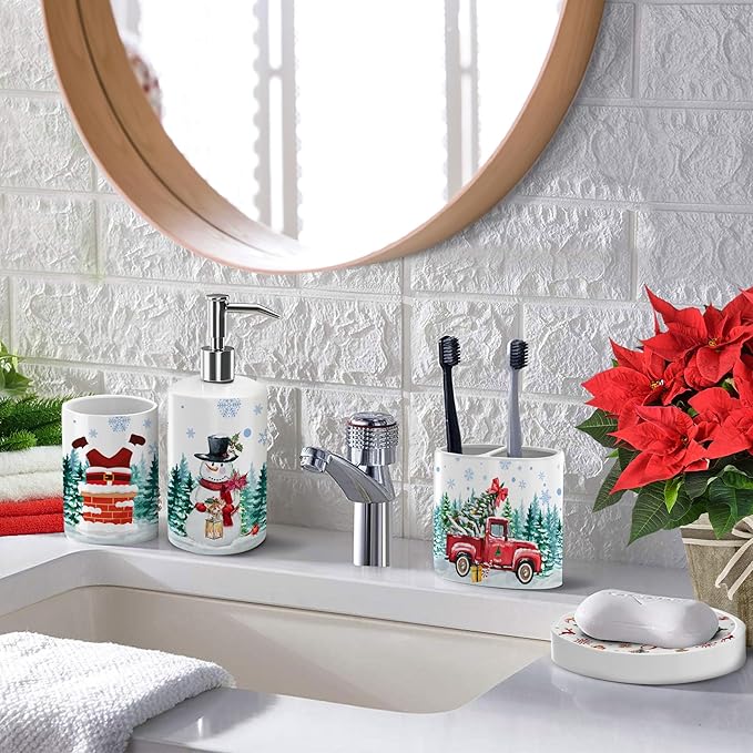 Christmas Bathroom Decor, Christmas Bathroom Accessories Set 4, Snowman Soap Dispenser, Gnome Truck Toothbrush Holder, Merry & Bright Soap Dish