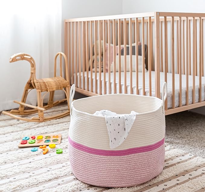 OrganiHaus Large Woven Storage Basket for Blankets and Toys 20" x 13" Inch, Rope Laundry Basket with Handles, Cushions & Pillows Storage Bin, Nursery Hamper, Soft Round Dog Toy Bin - Pink Stripe