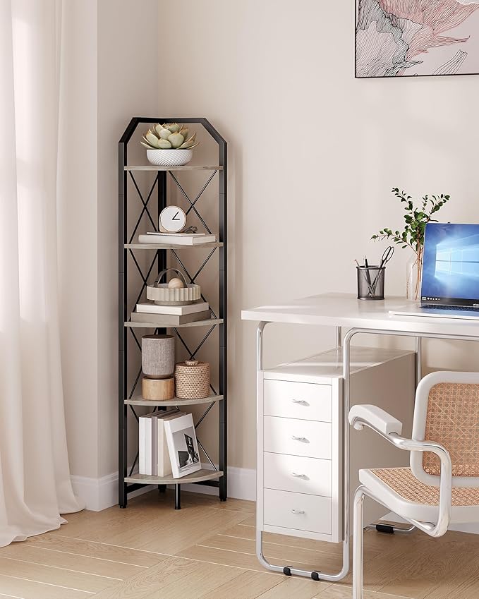 5-Tier Corner Shelf, Industrial Corner Bookshelf, 59.4" Corner Storage Stand, Plant Stand Display Shelf, Corner Bookcase for Bedroom, Living Room, Home Office, Greige and Black TCJ10BG