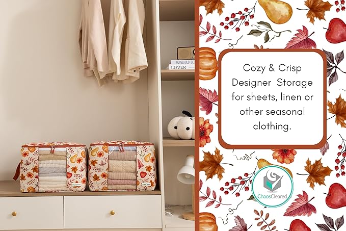 Chaos Cleared Canvas Storage Bags Designer Organizer 2 Pack – Seasonal Storage for Sweaters, Blankets, Linens & Garments – Foldable Design with Zip & Window, Moth-Proof Space Saver, Autumn Print