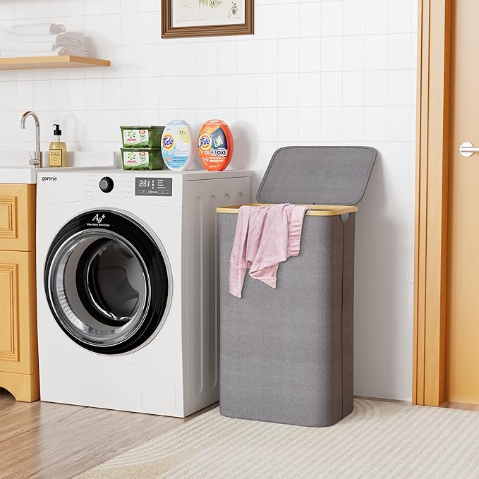 SUOCO Laundry Hamper with Lid, 29 Gal (110L) Clothes Basket with Bamboo Handles, Large Foldable Laundry Hamper for Bedroom, Bathroom, Dorm, Laundry Room - Grey
