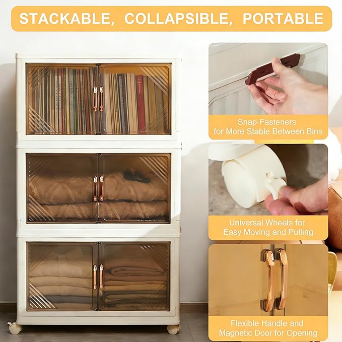 3-Tier Storage Bins with Lids, 58QT Stackable Bins with Wheels, Closet Organizer Storage, Plastic Large Collapsible Storage Containers for Home, Bedroom, Office Organization (3-Tier 58QT)