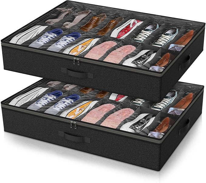Under Bed Shoe Storage Organizer for Closet, Fits 32 Pairs Underbed Shoes Box Storage Containers Under the Bed Storage Foldable with Sturdy Handles&Clear Window for College Dorms Black, Set of 2