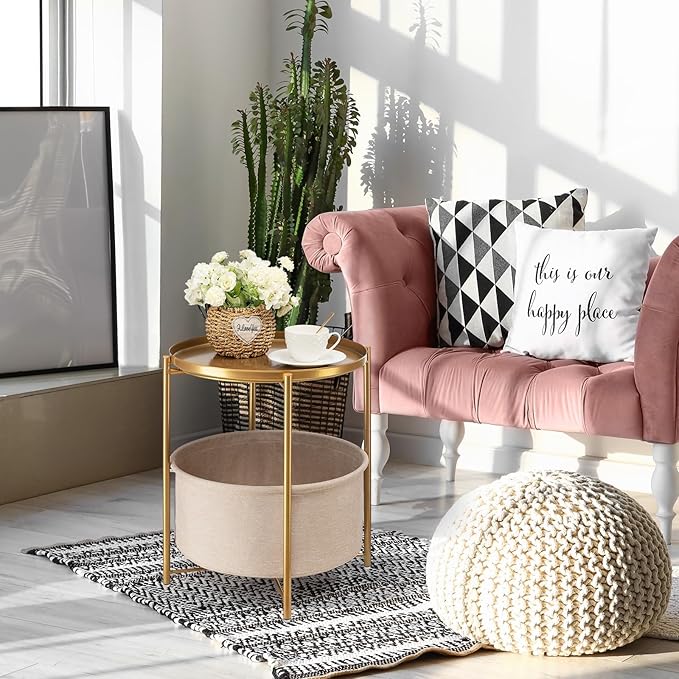 danpinera Round Side Table with Fabric Storage Basket, Pack of 2, Metal Side Table Small Bedside Table Nightstand with Removable Tray Top for Living Room, Bedroom, Nursery, Laundry, Gold