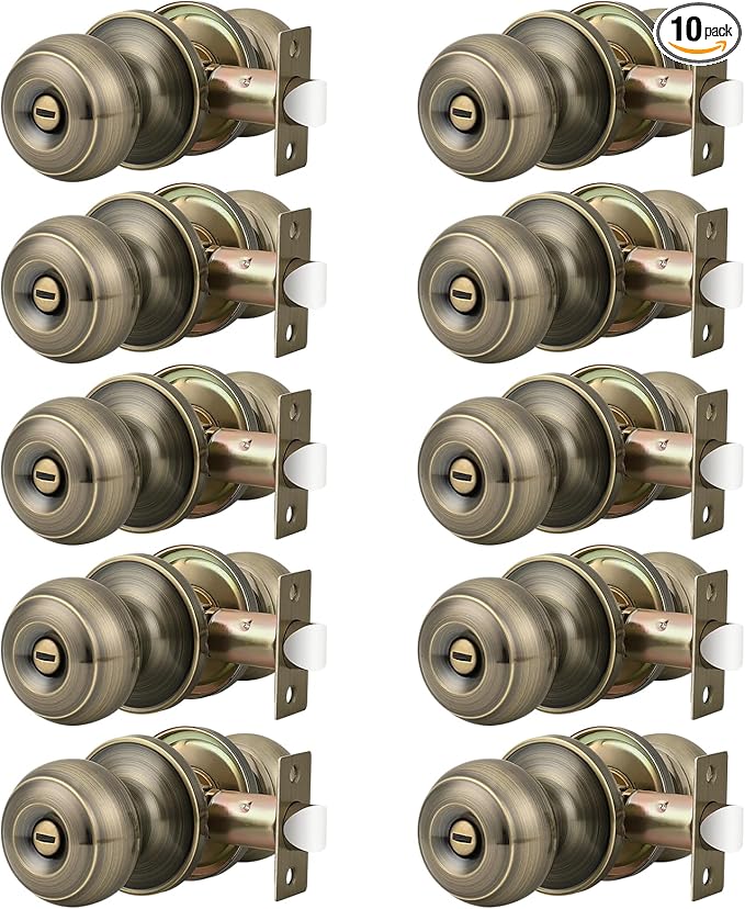 Probrico 10 Pack Privacy Door Knobs Lock Interior Bedroom Bathroom Door Handle Antique Brass Round Ball Keyless Lockset