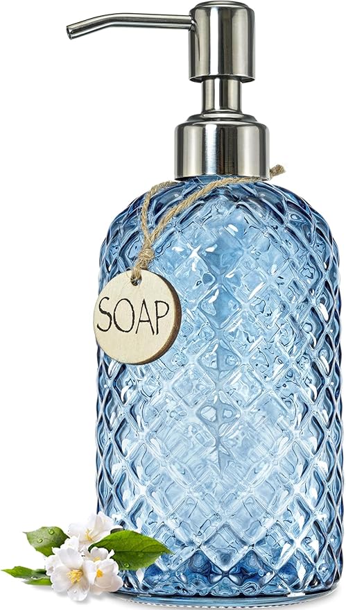 JASAI 18Oz Gem Patterned Glass Soap Dispenser for Kitchen and Bathroom, Refillable with Rust Proof Stainless Steel Pump (Blue)