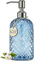 JASAI 18Oz Gem Patterned Glass Soap Dispenser for Kitchen and Bathroom, Refillable with Rust Proof Stainless Steel Pump (Blue)