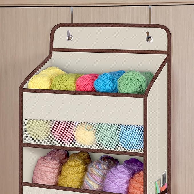 Univivi 1 Pack Over The Door Organizer, Non-Tilting Over The Door Organizer Hanging Door Storage With 5 Large Compartments 6 Side Pockets for Nursery Storage (Beige)