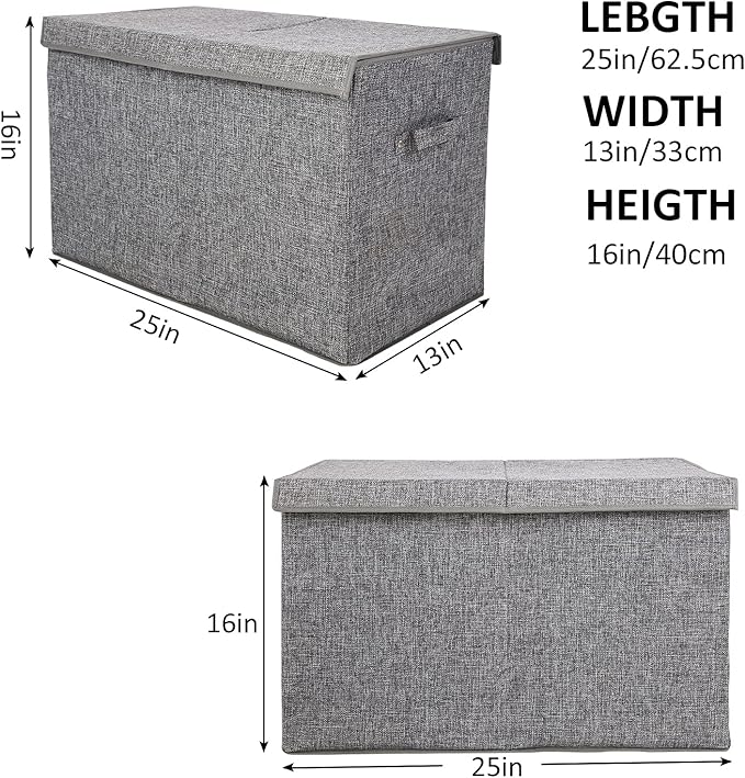 popoly Large Toy Box Storage with Lid, Collapsible Sturdy Toy Chest Storage Bin Box with Rivets Handles for Kids, Boys, Girls, Nursery, Playroom, Living Room, Bedroom, 25"x 13" x 16" (Linen Gray)