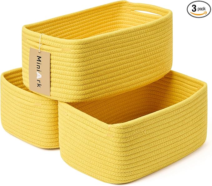 Small Storage Baskets for Organizing | Closet Organizer Bins | Shelf Toy Basket | Woven Rope Baskets | Cube Decorative Box | Shallow Basket | 13x8.5x5.1” | 3 Packs Yellow