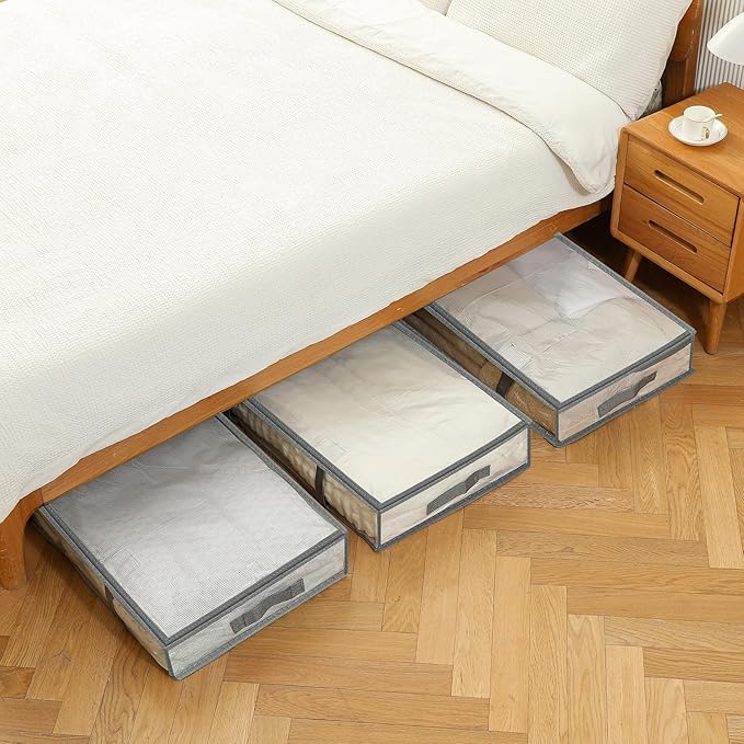 3 Pack Under Bed Storage Bags, Humid-proof Material Plastic Underbed Storage Containers, Blanket/Clothes Storage Bins with Lid, Closet/Bedding Comforter/Sheet Storage and Organizer