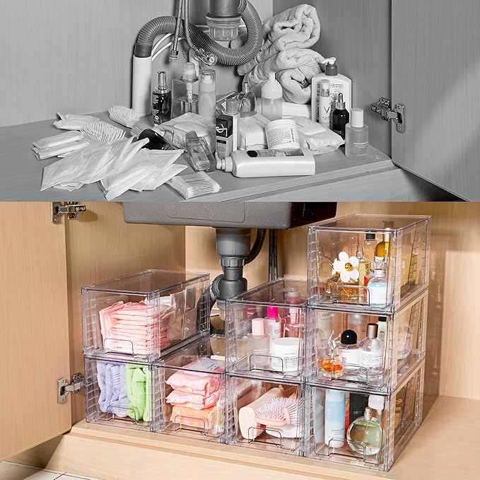Vtopmart 4Pack Large Stackable Kitchen Pantry Storage Drawers, Clear Organizer Bins with Handles, Acrylic Drawer Organizers for Kitchen Pantry, Bathroom Undersink, Cabinet Organization and Storage
