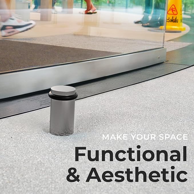 NYCO - Floor Door Stopper Chrome Door Stop - Classy Solid Steel Modern Heavy Duty Door Stoppers - Floor Mount Anchor Screw - Wall Protector for Commercial Door (2 Inch Satin Chrome Finish)