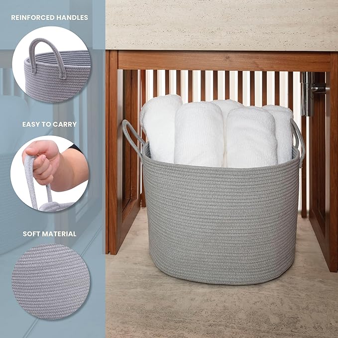 OrganiHaus Large Woven Storage Basket for Blankets and Toys 20" x 13" Inch, Rope Laundry Basket with Handles, Cushions & Pillows Storage Bin, Nursery Hamper, Soft Round Dog Toy Bin - Gray