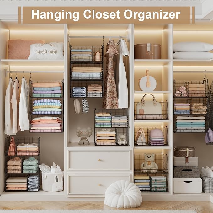 3 Tier Closet Hanging Shelves with Divider, Extra Large Closet Organizers and Storage, Clothes Hanging Organizer Clothing Sweaters Handbags Clutches Accessories