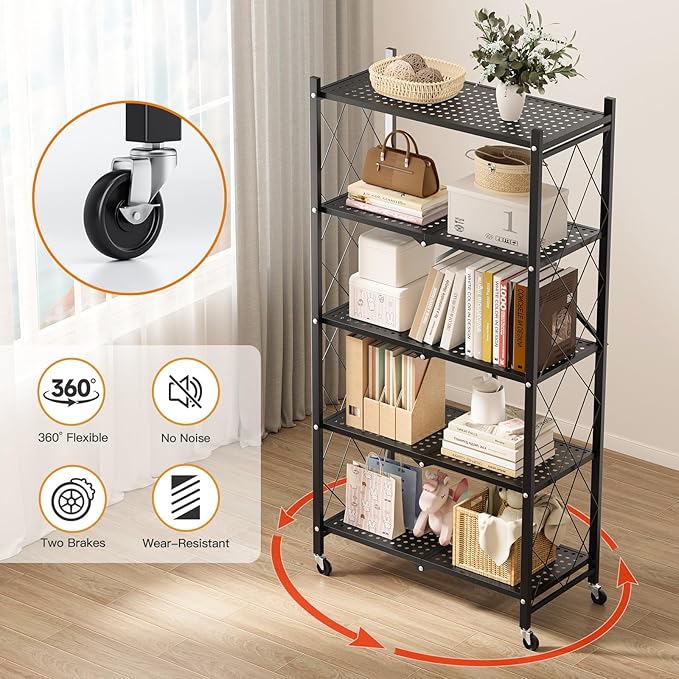Simple Deluxe 5-Tier Folding Storage Shelves, 27.95" W x 14.96" D x 63.78" H Foldable Shelving Unit, 1250 Lbs Loading Capacity, Black