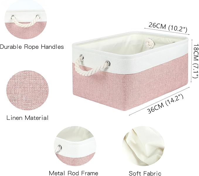 Storage Bins with Sturdy Cotton Handles(1 Pack), Fabric Storage Baskets for Organizing use for Office & Home, Book, Clothes, Toys, Closet Boxes (Medium, Pink-White, 14.2x10.2x7.1 inches)