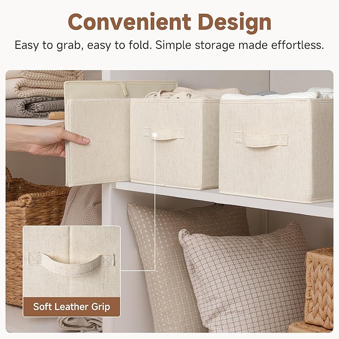 StorageWorks Storage Baskets for Shelves, Fabric Storage Bins, Closet Organization and Storage Basket, Organizer Bins for Clothes, Beige (Cotton-linen), 3-Pack, Large