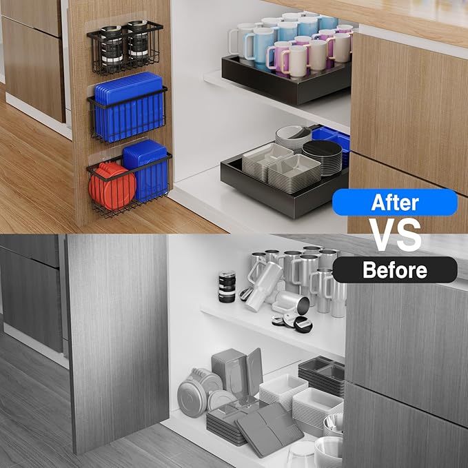 3 Pack Adhesive Cabinet Door Organizer, Lid Organizers Inside Cabinet Food Container/Tumbler Lid Organizer and Storage Cup Lids Holder for Kitchen & Bathroom Wall Mounted(Black)